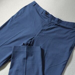 Ralph Lauren Mens Blue Micro Check Dress Pants 40x30 Stretch Flat Front
